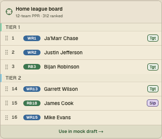DraftCamp cheat sheet editor with tiers and player rankings