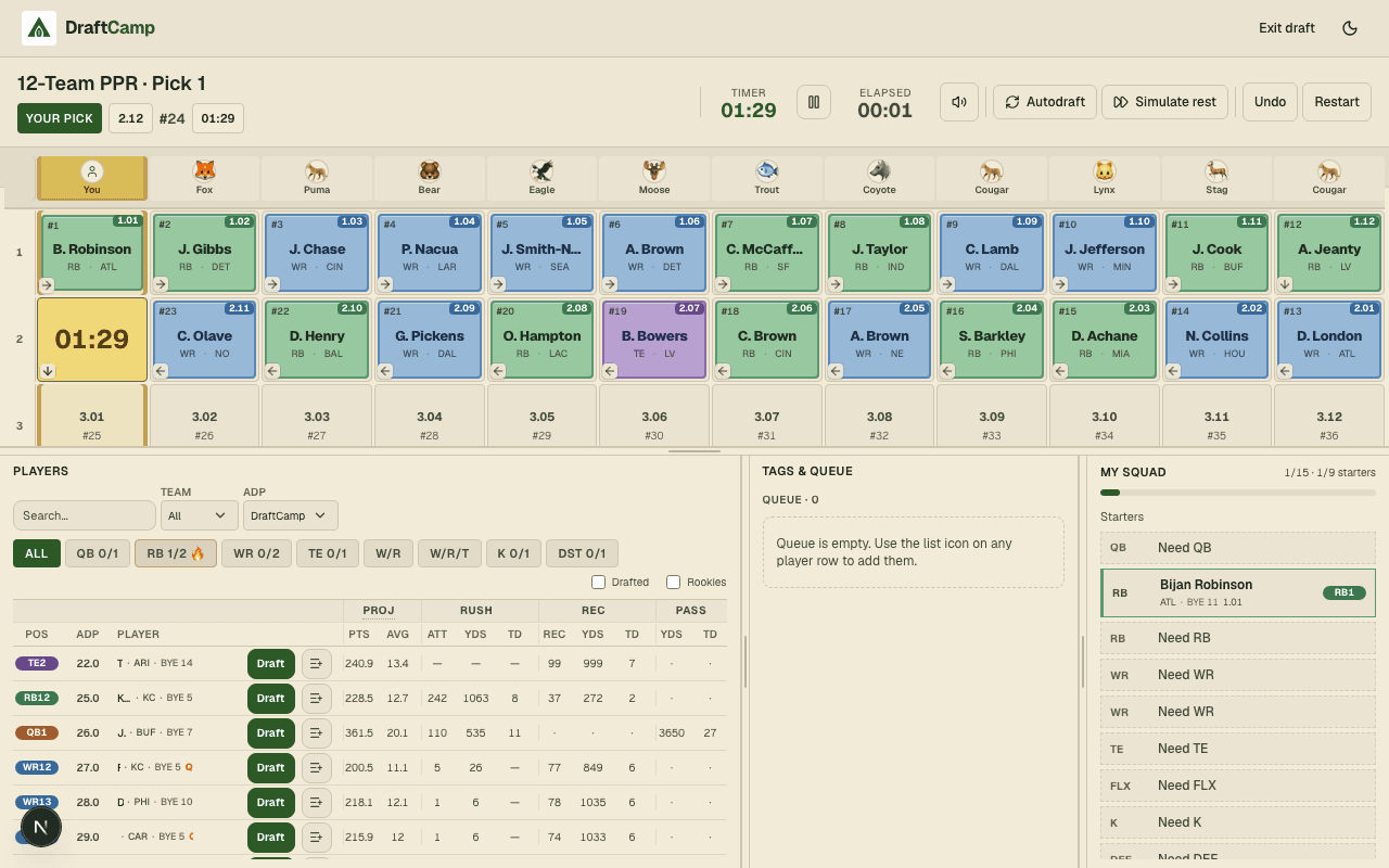 DraftCamp draft room mid-mock with populated snake board and player list